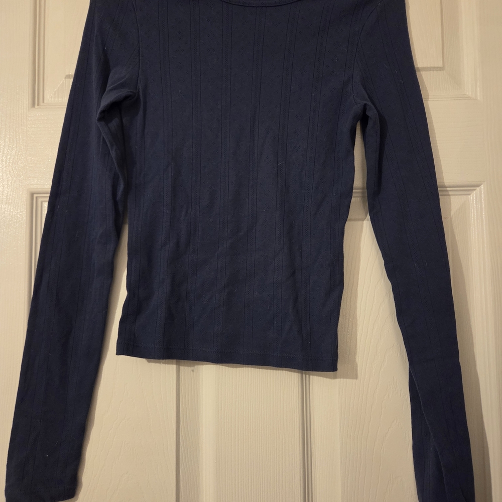 American Eagle Women XS Navy Blue Ribbed Long Sleeve Crop Top Fitted